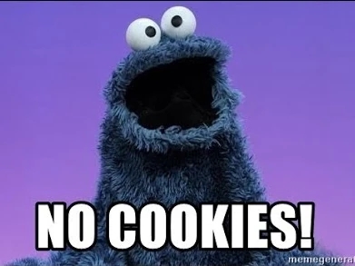 Image of an upset cookie monster with the title "no cookies!"